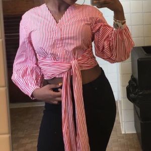 Stripped red and white tie-front crop top